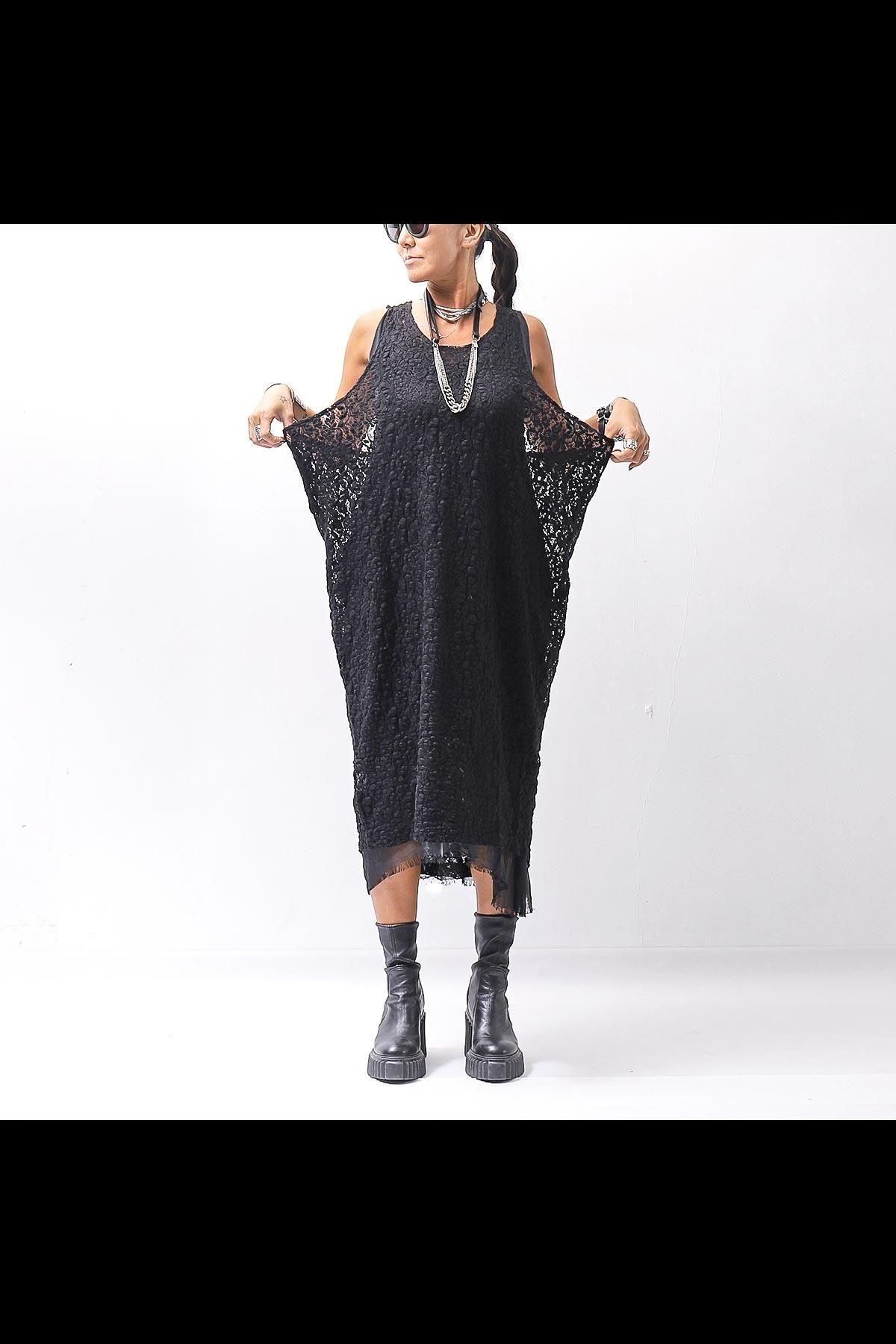 STRETCH COTTON LACY COVER DRESS C152_BLACK