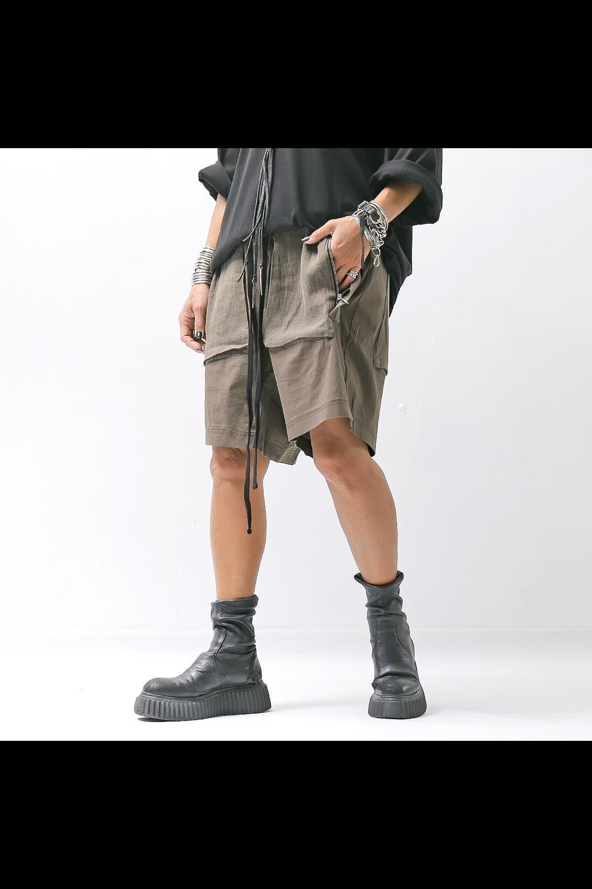UNISEX STRETCH COTTON & LINEN POCHETTE SHORT PANTS MST484_OLIVE NIGHT