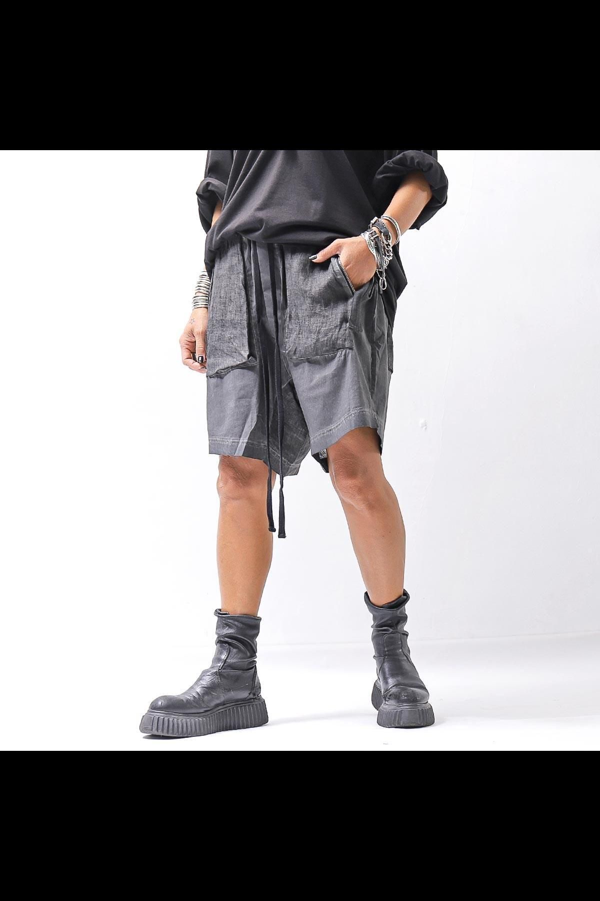 UNISEX STRETCH COTTON & LINEN POCHETTE SHORT PANTS MST484_BLACK OIL