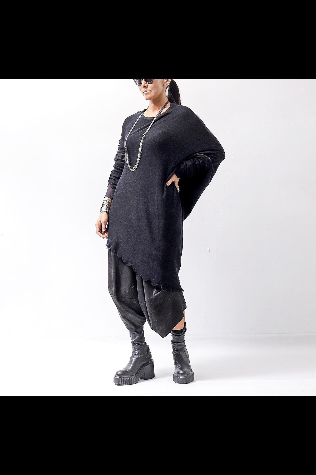 MERINO WOOL JERSEY W LAYERED ASYMMETRY LONG TOPS 118 0502_BLACK