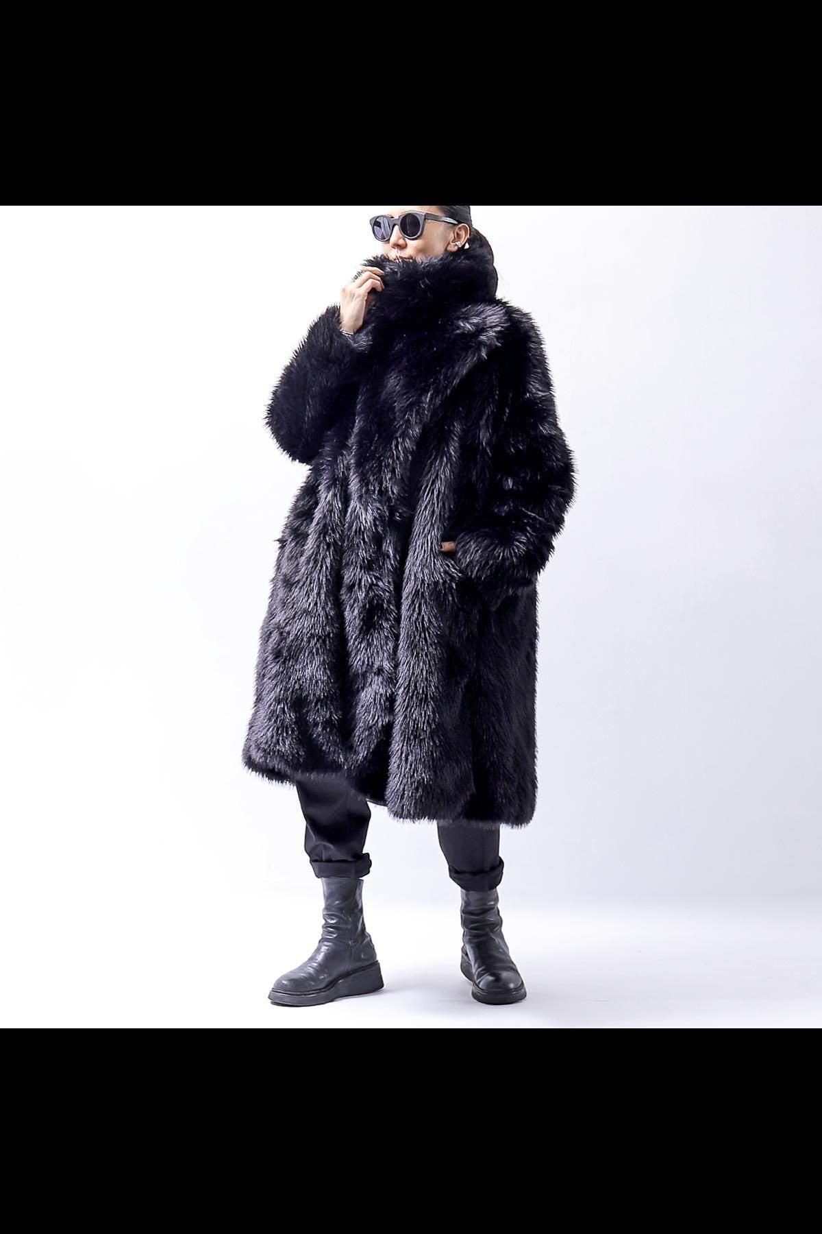 UNISEX FAUX FUR OVERSIZED COAT 324 1211_BLACK