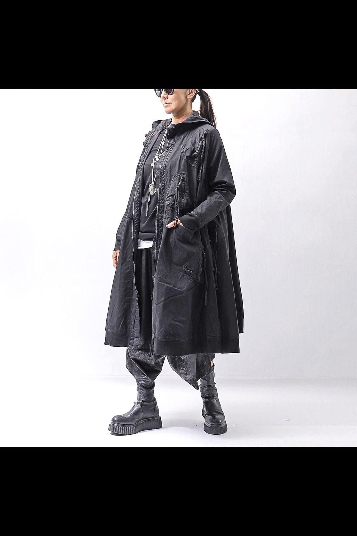 UNISEX ZIPED POCKETSHOOD LONG COAT 260 1208_BLACK