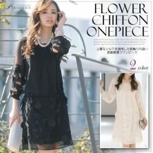 花柄カットワーク シフォン Aライン 七分袖 ワンピース 689