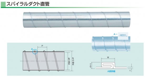 亜鉛めっき鋼板製スパイラルダクト 板厚0.8ｔ 長さ2m - アナハイム