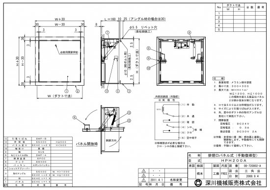 排煙口パネル式：手動復帰型 HPH200A 300H - アナハイム 厨房設備ネット販売事業部 インボイス登録番号T1370001024332