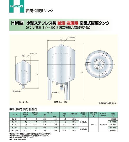 密封式膨張タンク】HM-8 (小型ステンレス製) 給湯/空調用 - アナハイム