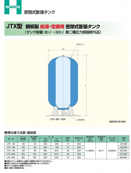 密封式膨張タンク】JTX-150 (鋼板製) 給湯/空調用 - アナハイム 厨房設備ネット販売事業部 インボイス登録番号T1370001024332