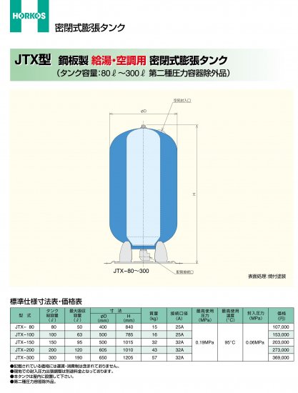 【密封式膨張タンク】JTX-300 (鋼板製) 給湯/空調用 - アナハイム 厨房設備ネット販売事業部　　インボイス登録番号T1370001024332