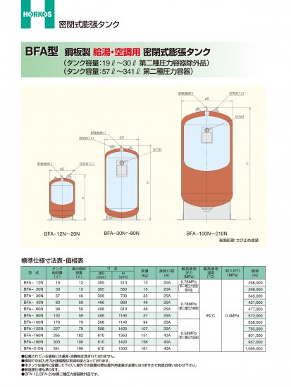 密封式膨張タンク】BFA-12N (鋼板製) 給湯/空調用 - アナハイム 厨房