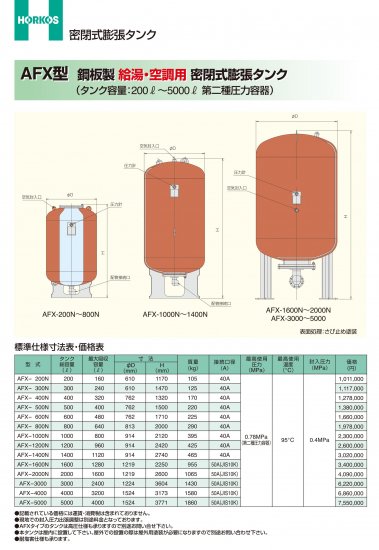 密封式膨張タンク】AFX-200N (鋼板製) 給湯/空調用 - アナハイム 厨房設備ネット販売事業部 インボイス登録番号T1370001024332