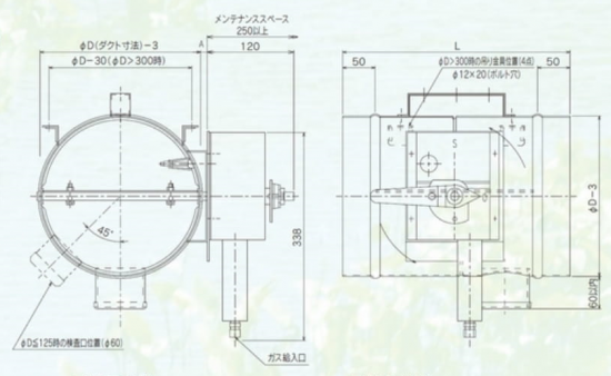 ガス圧連動型防火ダンパー PFD(丸型) フランジ型 手動復帰 亜鉛鋼板製