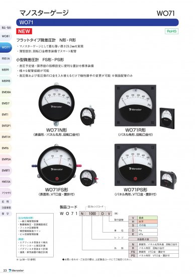 マノスターゲージ WO71FS(表面形 VT口金・置針1本付 垂直取付) 受注