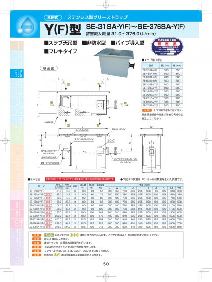 SE式 ステンレス製 グリーストラップ Y(F)型（スラブ天吊・非防水