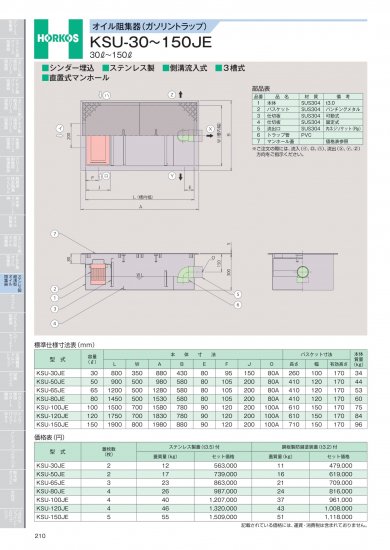 ホーコス オイル阻集器(ガソリントラップ) KSU-30～150JE 30ℓ～150ℓ