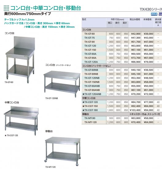 タニコー コンロ台 TXシリーズ（SUS430）【送料別】 - アナハイム 厨房設備ネット販売事業部 インボイス登録番号T1370001024332