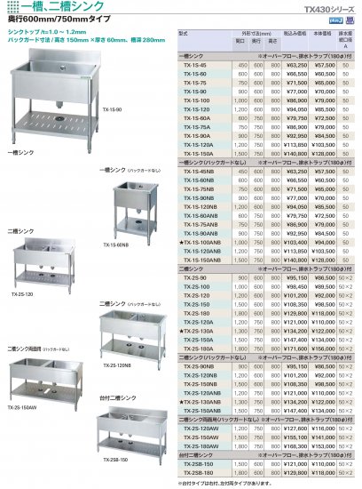 タニコー 一槽シンク TXシリーズ（SUS430）【送料別】 - アナハイム ...
