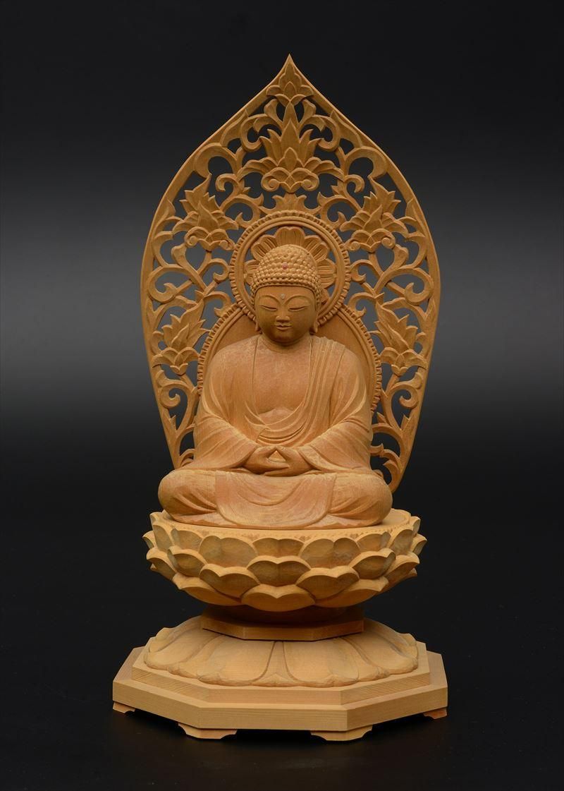 曹洞宗・臨済宗】桧葉材 釈迦如来(座像/4寸) 八角台座 唐草光背