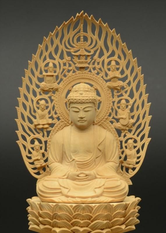 曹洞宗・臨済宗】柘植製 釈迦如来(座像/2.5寸) 八角台座 飛天