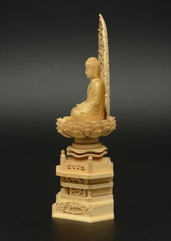 天台宗】柘植製 阿弥陀如来(座像/3寸) 六角台座 唐草光背 切金 仏像