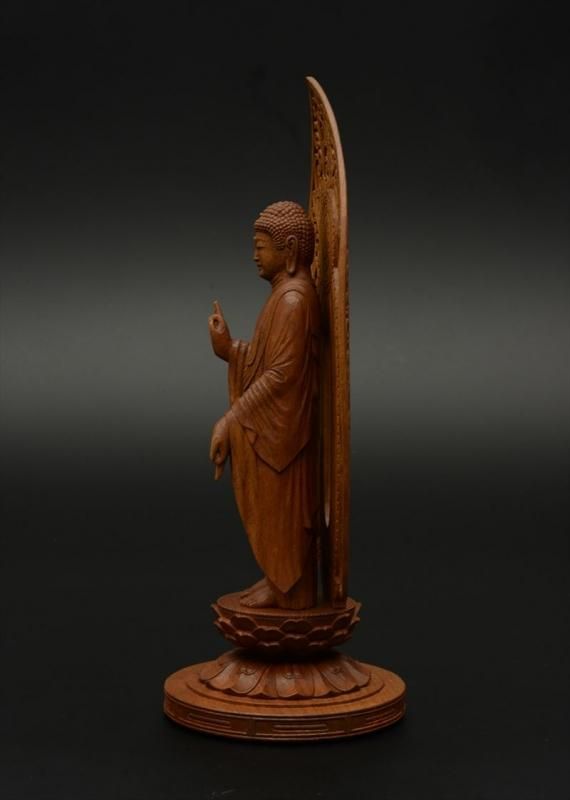 天台宗】桜材 阿弥陀如来(立像/8寸) 唐草光背 丸台座 秀行作