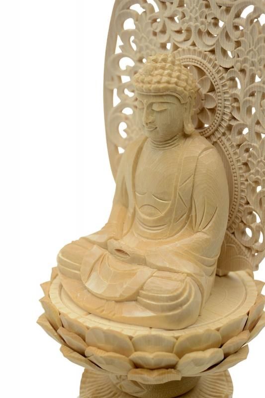 釈迦如来坐像 3寸 #489#333#203 唐草光背 円台座◆白檀 木彫 仏像 釈迦如来坐像 3寸 #489#333#203 唐草光背 円台座◇白檀 木彫