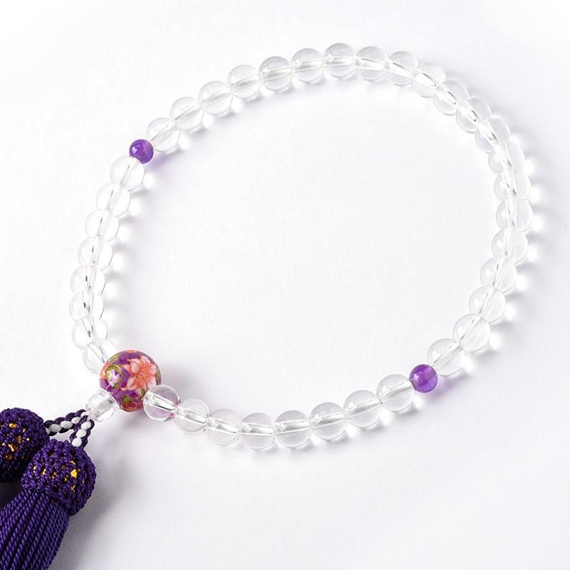 全宗派】 片手念珠・略式数珠 水晶に二天紫水晶(女性用/玉径7.3ミリ