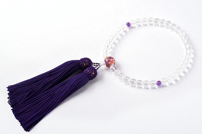 全宗派】 片手念珠・略式数珠 水晶に二天紫水晶(女性用/玉径7.3ミリ