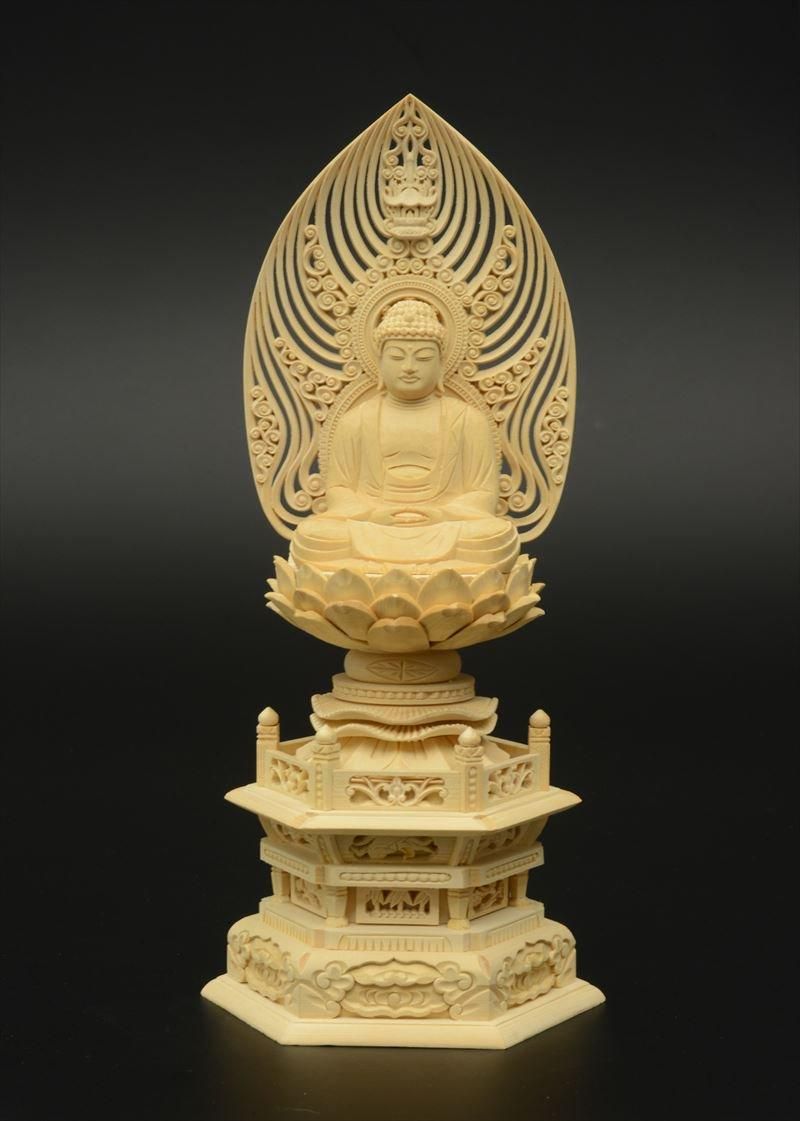 曹洞宗・臨済宗】白木製 釈迦如来(座像/3寸) 六角台座 水煙光背 仏像