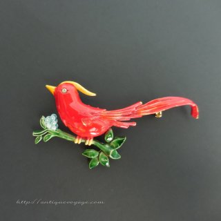 【レア】ORIGINAL BY ROBERT （オリジナル バイ ロバート）☆エナメル 枝にとまるキジ 赤い鳥のヴィンテージ・ブローチ