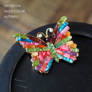 SWOBODA（スワボダ）☆マルチカラーの天然石とパール バタフライ 蝶のヴィンテージ・ブローチ【デッドストック】