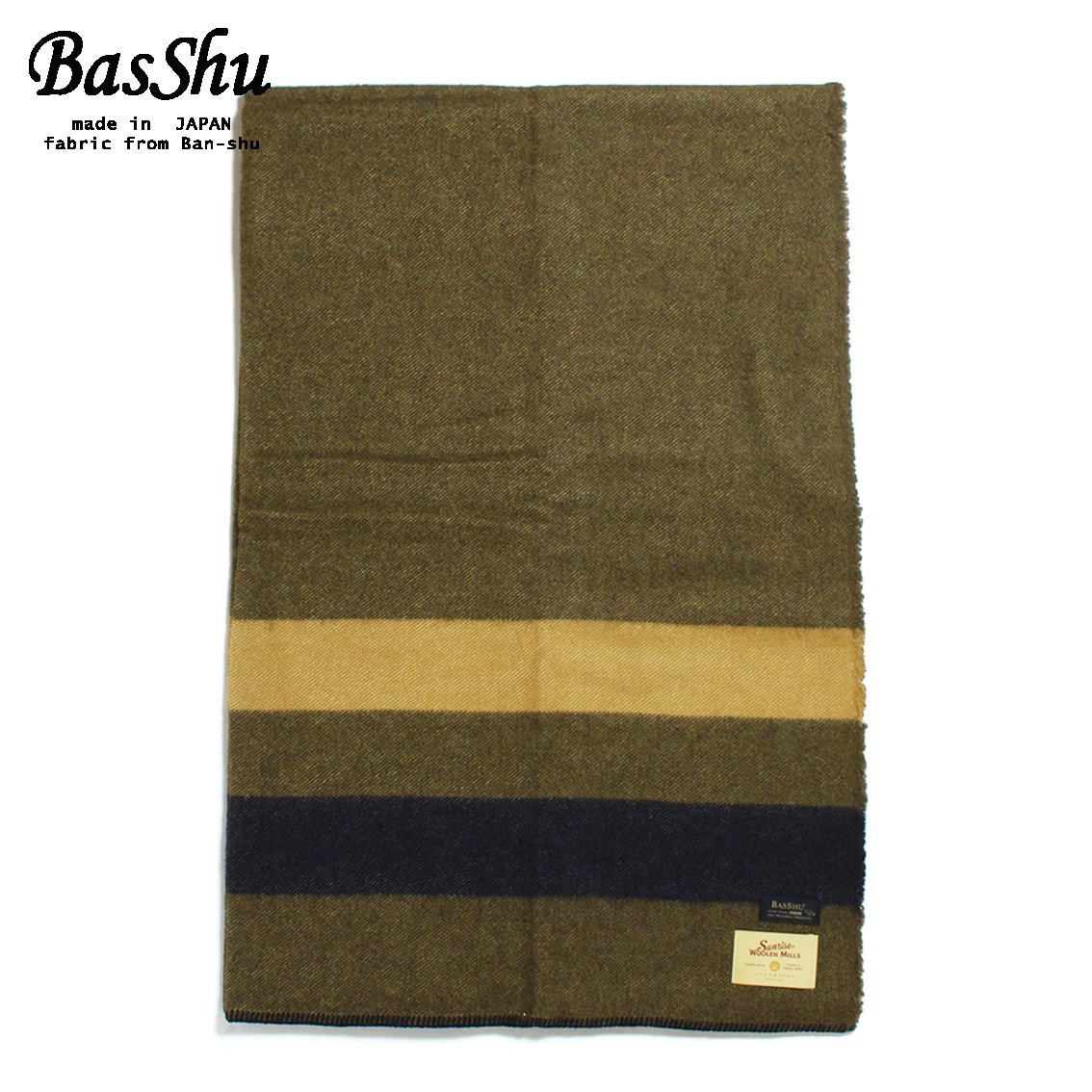 BasShu バッシュ ウールブランケット 130×180 ボーダー 泉大津 日本製 Wool Blanket カーキ×ネイビー - HARTLEY