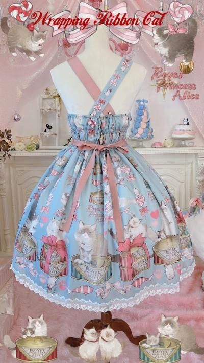 Wrapping Ribbon Cat・ねこ助コラボ ジャンパースカート(ブルー