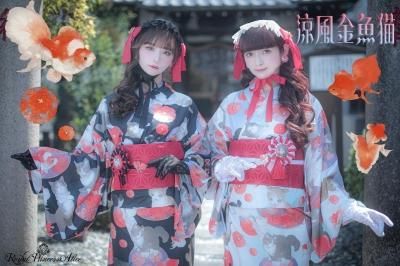 princess Alice猫柄黒白浴衣帯セット 涼風金魚猫 ねこ助コラボ 浴衣（黒）【即納品】 - Royal