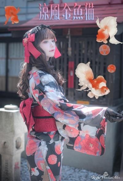 涼風金魚猫 ねこ助コラボ 浴衣（黒）【即納品】 - Royal
