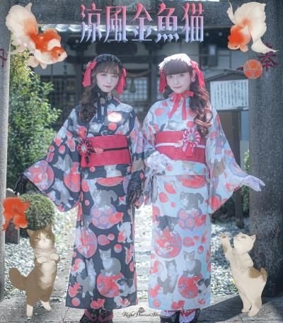 涼風金魚猫 ねこ助コラボ 浴衣（黒）【即納品】 - Royal